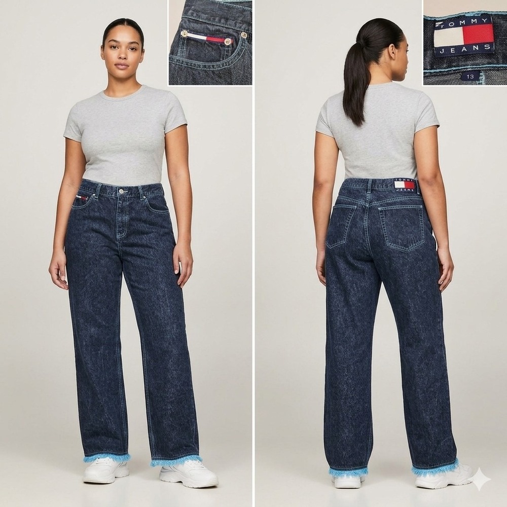 Tommy Jeans Wide Leg Jeans Women 13 Blue Acid Wash Frayed Hem Vintage High Rise